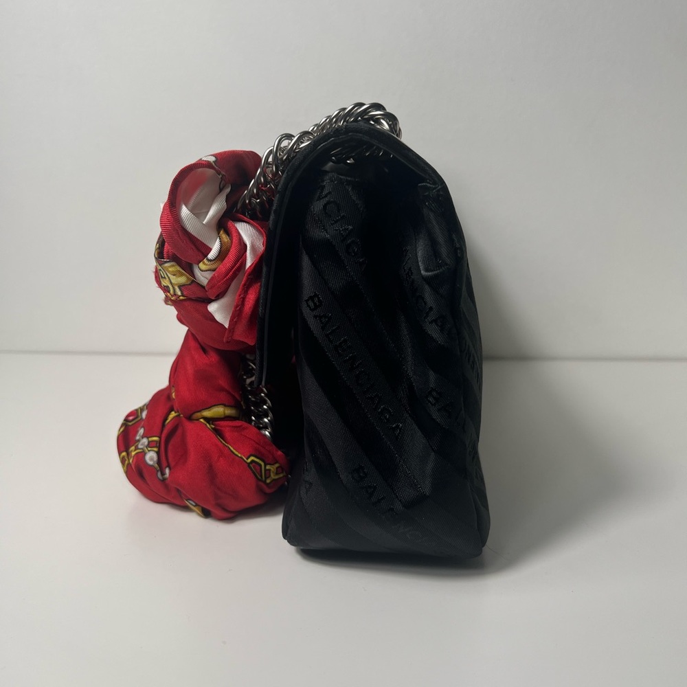 Balenciaga BB Satin Jacquard Black Logo Scarf Chain Shoulder Crossbody Bag Purse - Picture 7 of 13